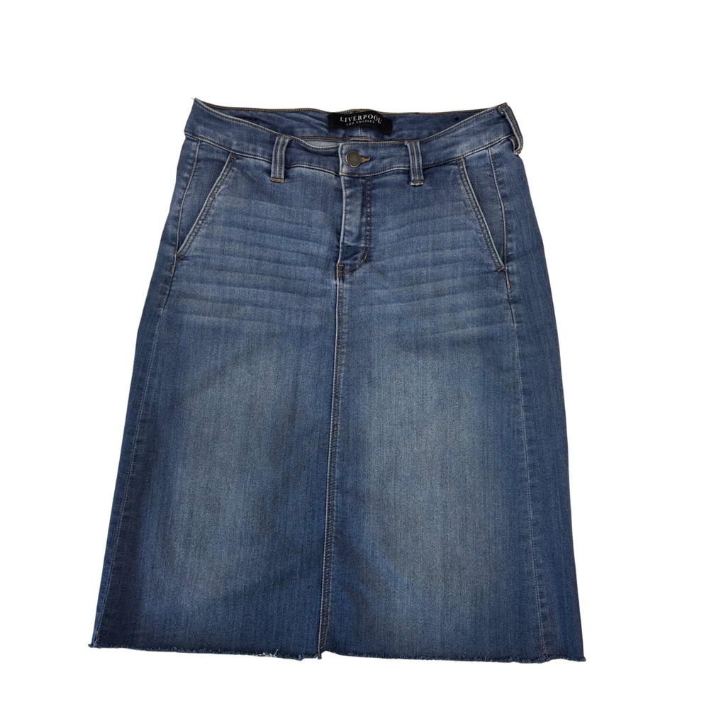 Liverpool Los Angeles Denim Pencil Skirt Medium Wash Raw Hem Size 2/26